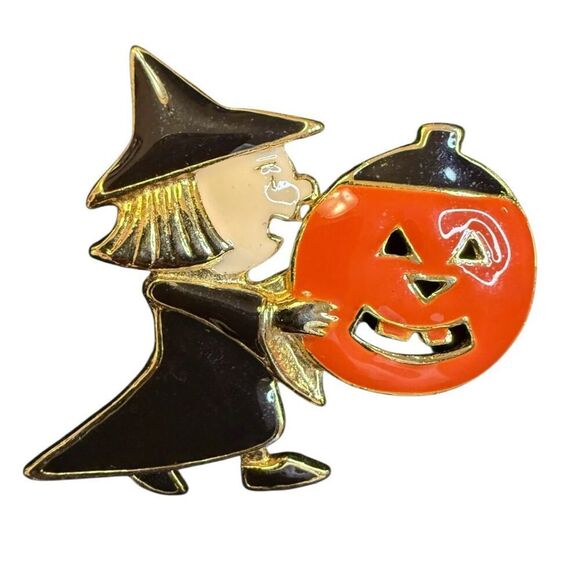 Halloween Brooch Witch & Pumpkin Vintage Enamel Hold Tone - Picture 1 of 4